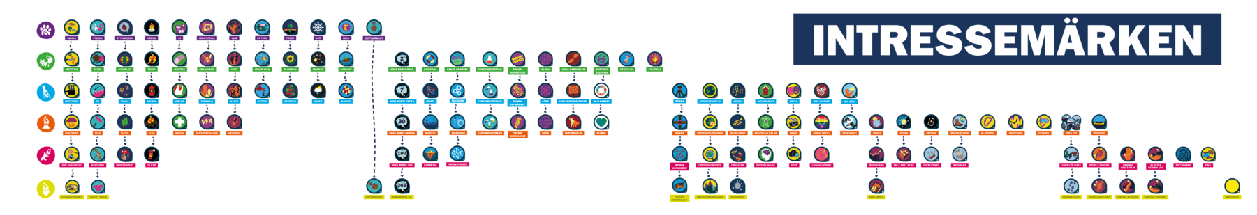 Ett diagram med olika intressemärken organiserade i en hierarkisk struktur med färgglada ikoner och kategorier. Överst står texten "INTRESSEMÄRKEN" i vita bokstäver mot en blå bakgrund.