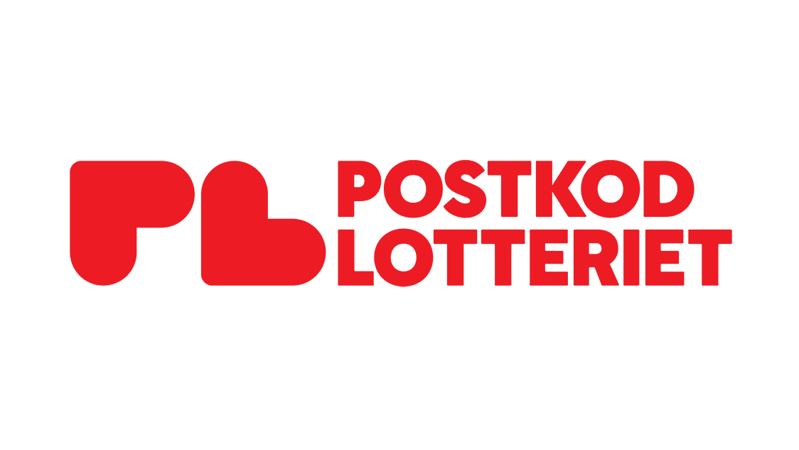 Röd logotyp med texten "Postkod Lotteriet" och ett stiliserat hjärta bredvid.