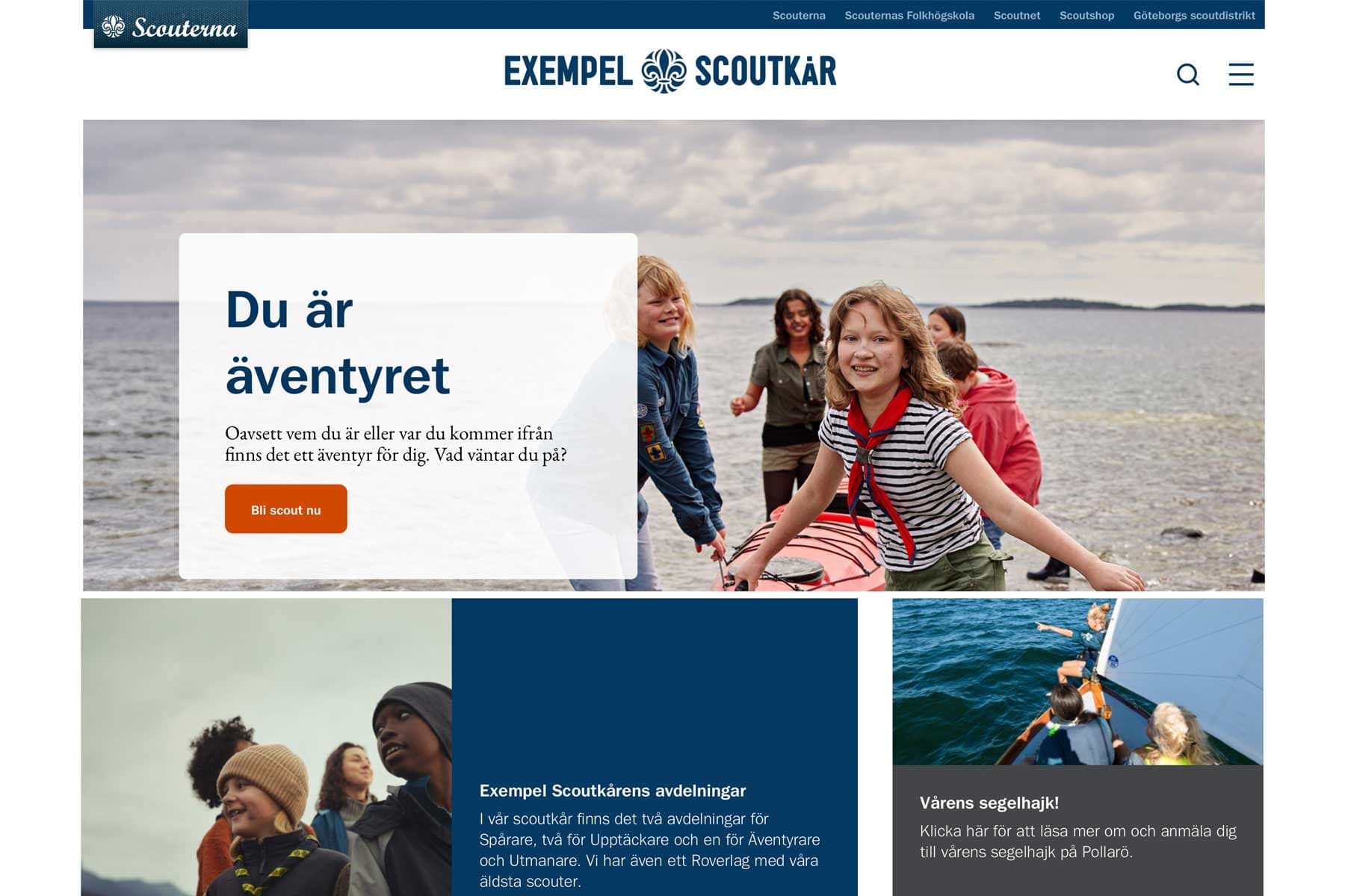 Startsida för "Exempel Scoutkår" med rubriken "Du är äventyret", en grupp barn vid stranden som drar en kajak, och text som uppmanar att bli scout: "Oavsett vem du är eller var du kommer ifrån finns det ett äventyr för dig. Vad väntar du på?" och en orange knapp med texten "Bli scout nu".