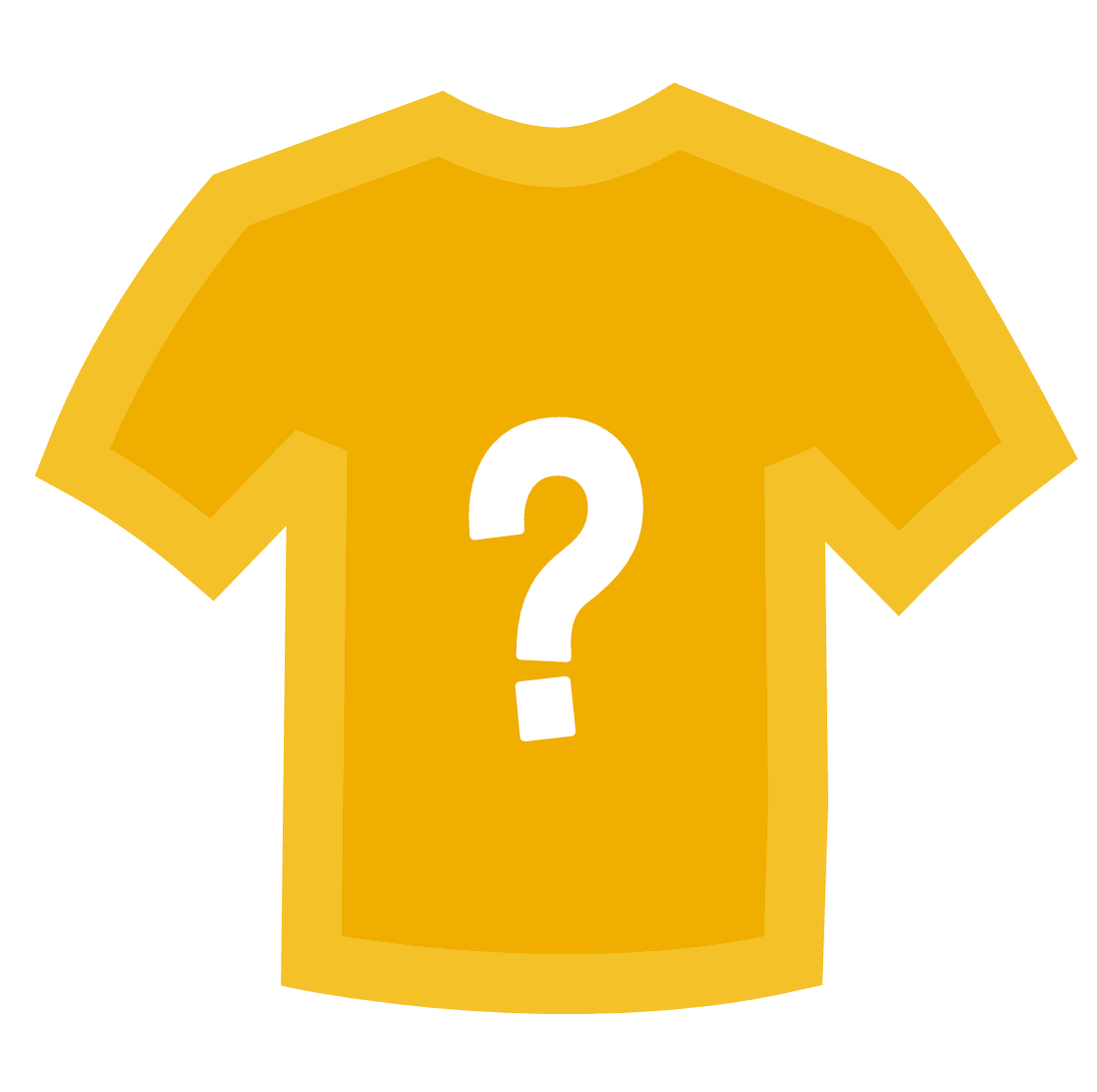 En gul t-shirt med en stor, vit frågetecken-symbol på framsidan.