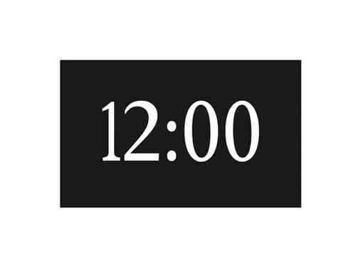 Svart rektangulär bakgrund med vit text som visar "12:00".