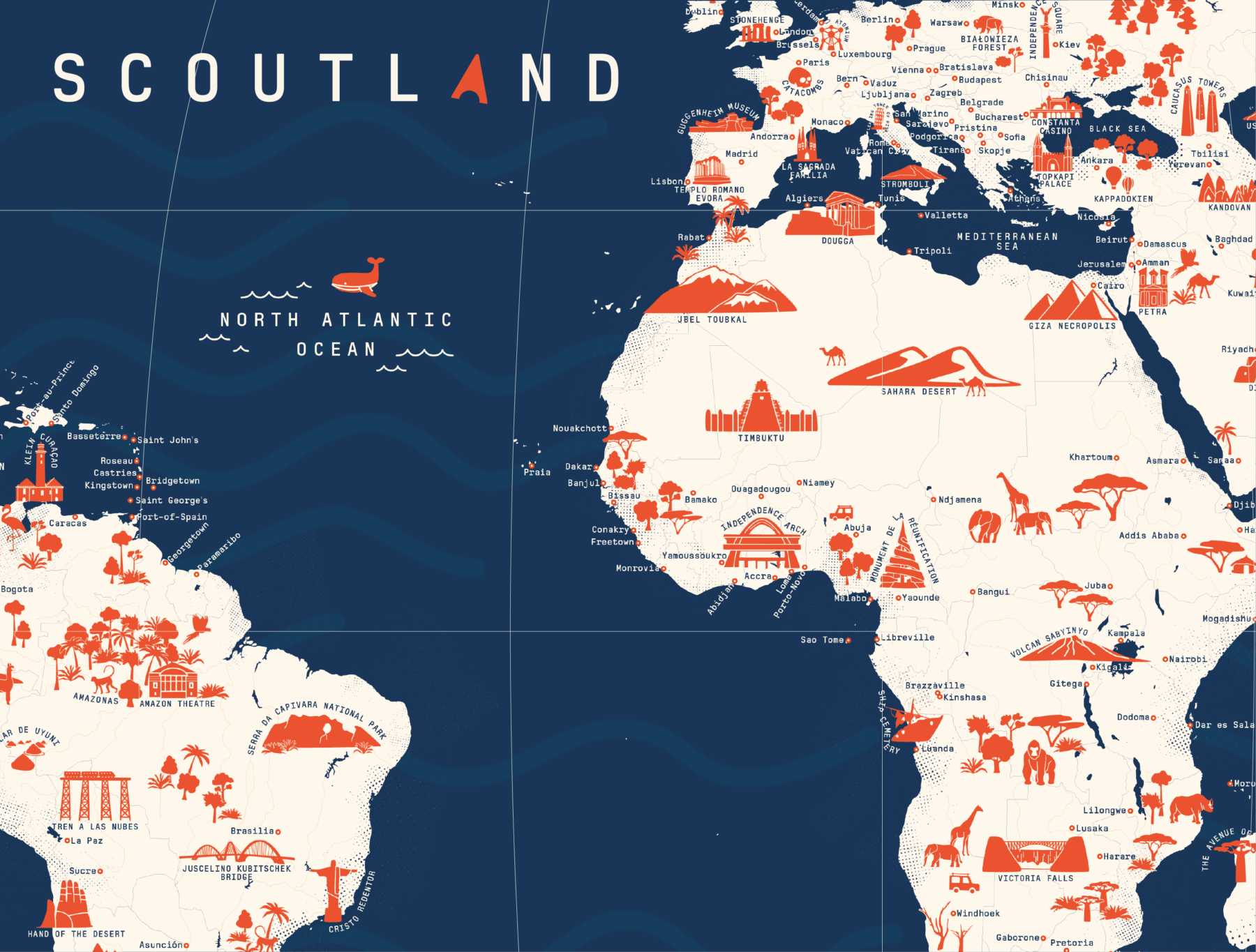 Urklipp ur en världskarta med rubriken Scoutland. På kartan är olika landmärken och ländernas huvudstäder utmarkerade.