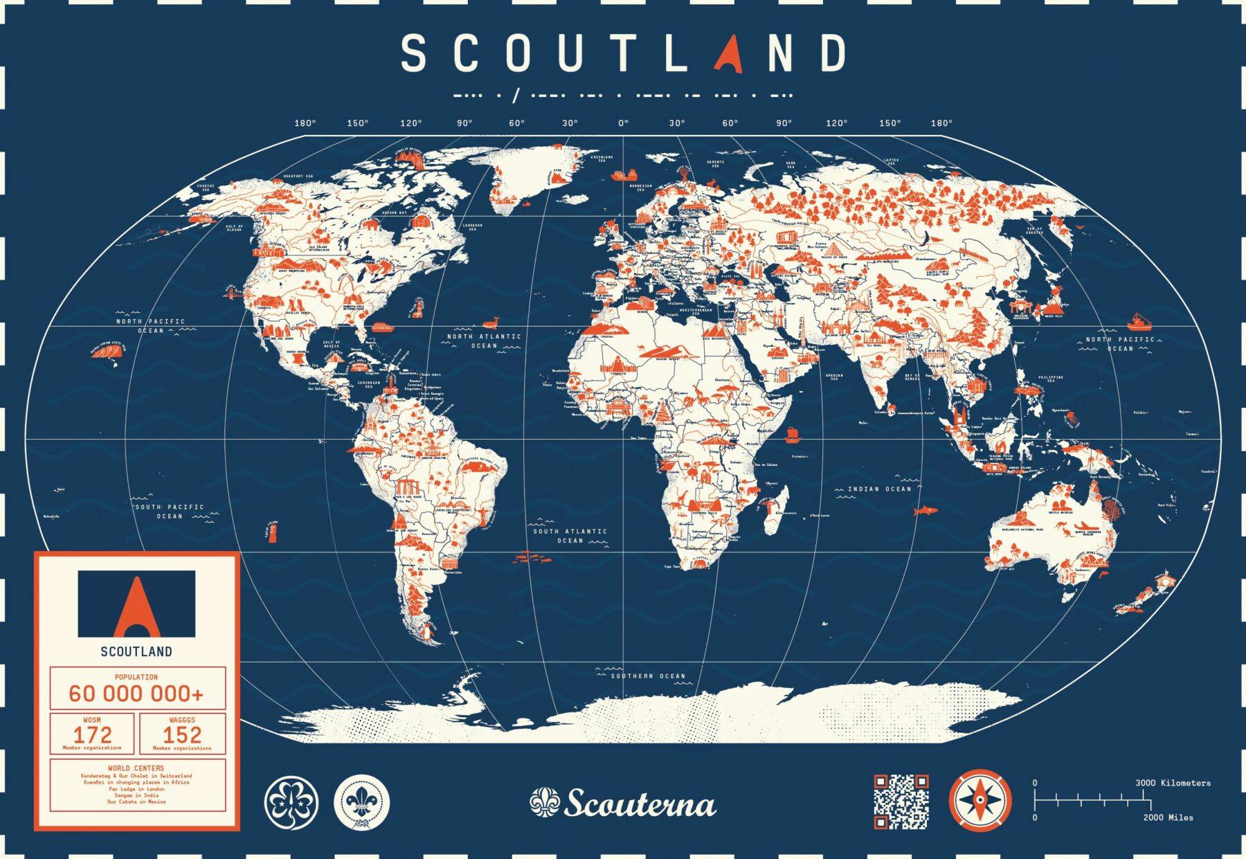 En världskarta med rubriken Scoutland och en faktaruta som beskriver världsscoutorganisationernas medlemsantal och världscenter. På kartan är olika landmärken och ländernas huvudstäder utmarkerade.