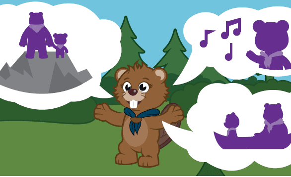 En brun bäver med en blå scarf står i en skog med granar och omges av tre tankebubblor: en med silhuetter av en vuxen och ett barn på ett berg, en med musiknoter och en sjungande figur, och en med två figurer i en kanot.