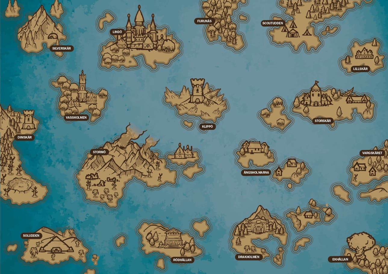 En fantasikarta med öar och platser markerade med namn: Silverskär, Lindö, Furunas, Scoutudden, Lillskär, Vassholmen, Klippö, Storskär, Vargskäret, Dimskär, Stormö, Ängsholmarna, Rödhallen, Drakholmen, Soludden och Ekhällan. Omgivande hav är blått med skuggade konturer runt öarna.